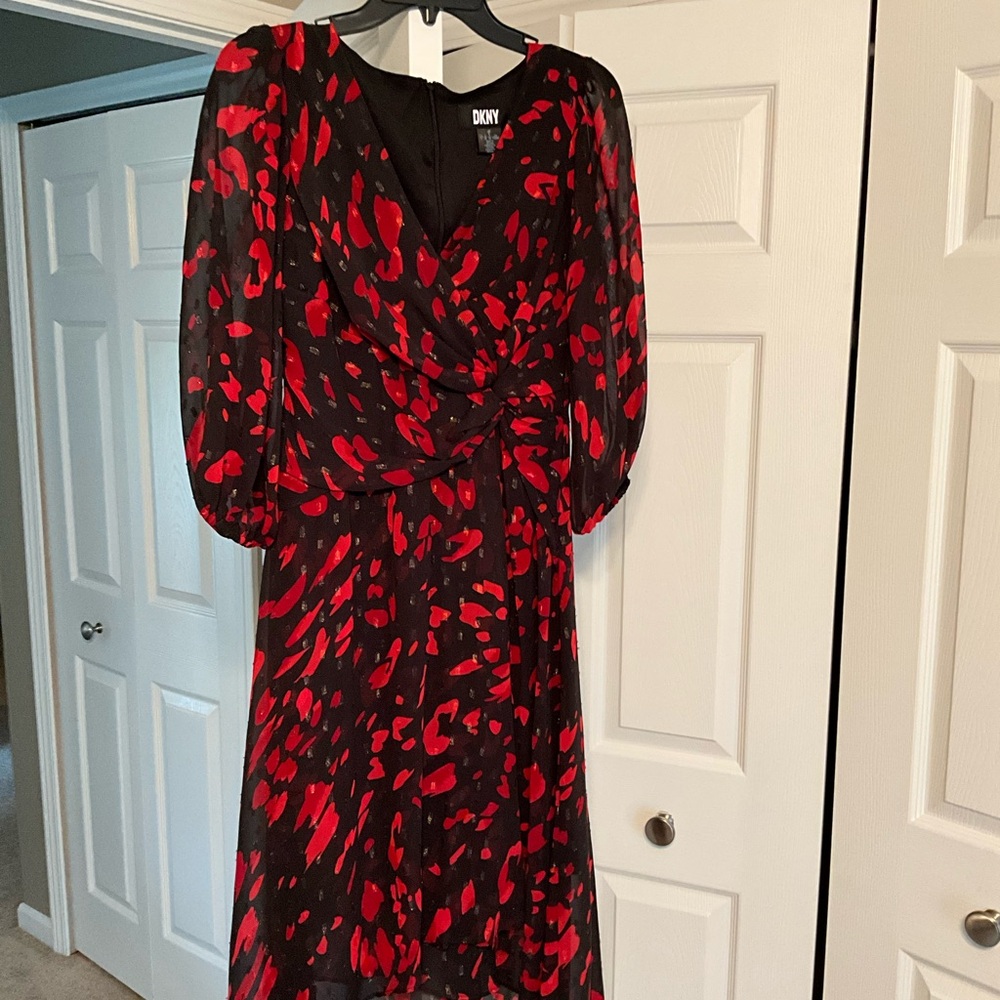 DKNY Black Dress with Red Abstract Print — Long Sleeve V-Neck